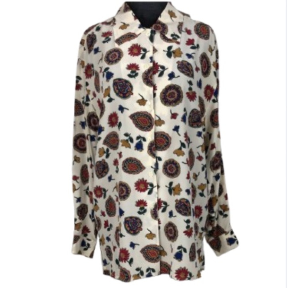 Preston & York Blouse 100% Silk Floral Print Button Up Women's Size Medium